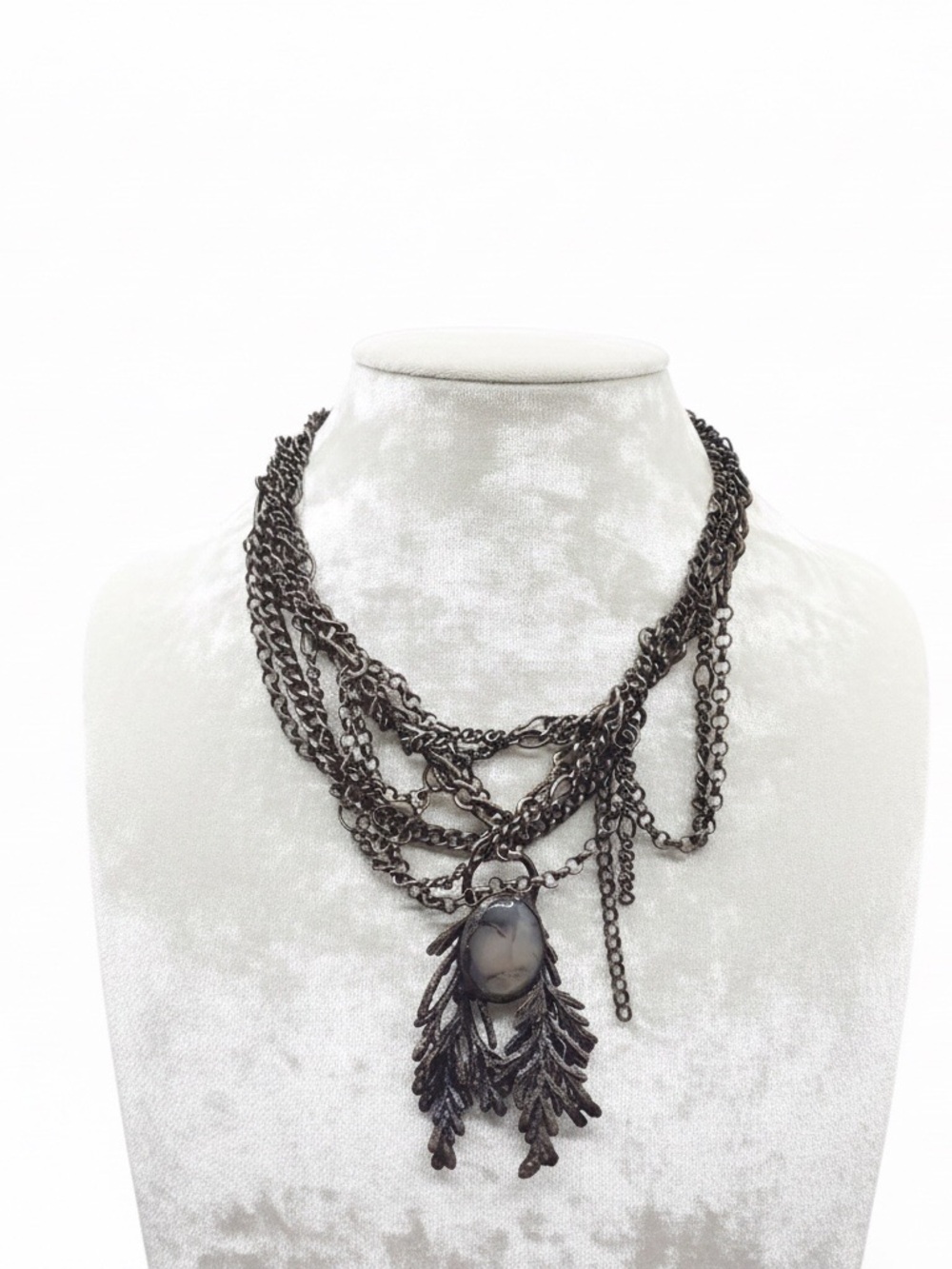 Grungy Asymmetrical Layered Chain Necklace, Moody Gemstone Pendant